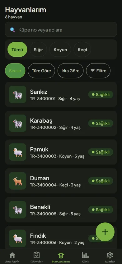 SürüSense hayvan listesi ekranı: küpe numarası, tür ve sağlık durumu bir arada (koyu tema)