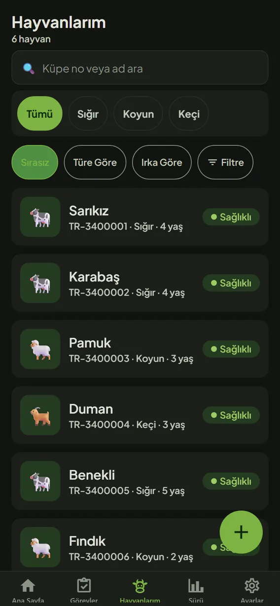SürüSense hayvan listesi ekranı: küpe numarası, tür ve sağlık durumu bir arada (koyu tema)