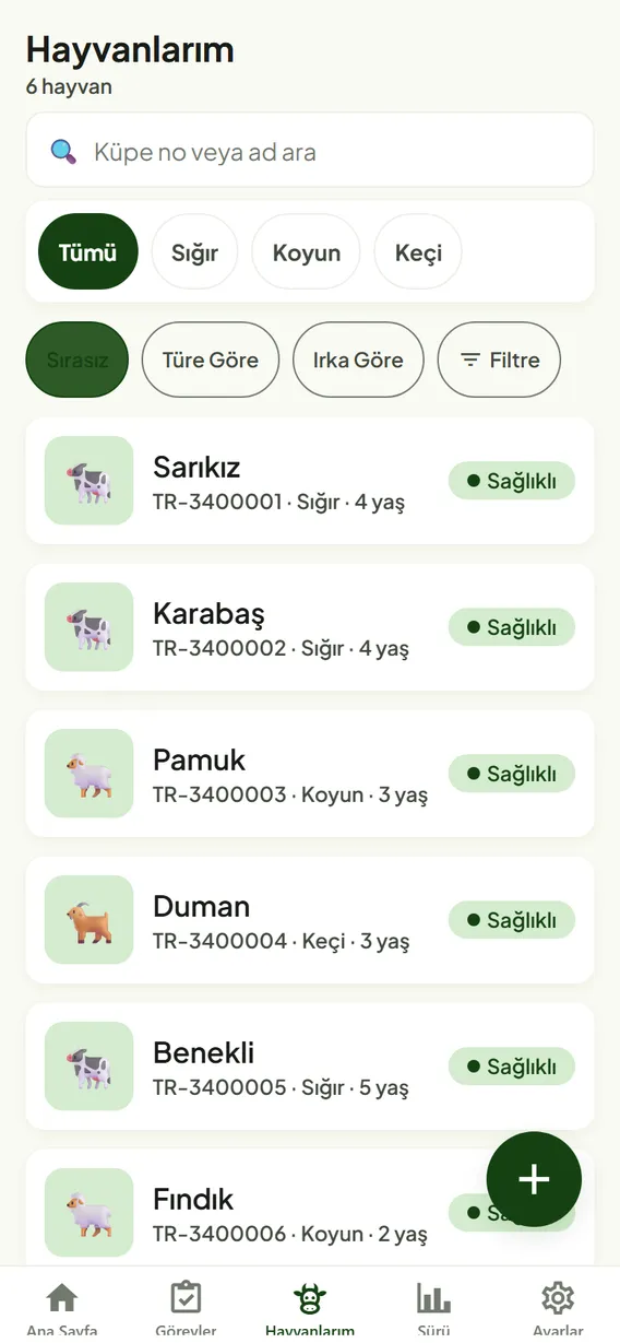 SürüSense hayvan listesi ekranı: küpe numarası, tür ve sağlık durumu bir arada