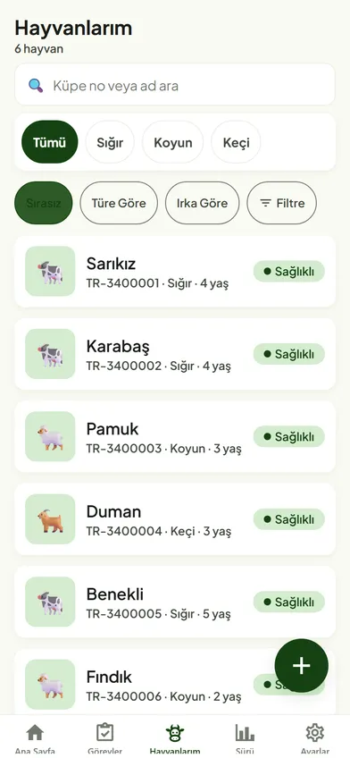 SürüSense hayvan listesi ekranı: küpe numarası, tür ve sağlık durumu bir arada