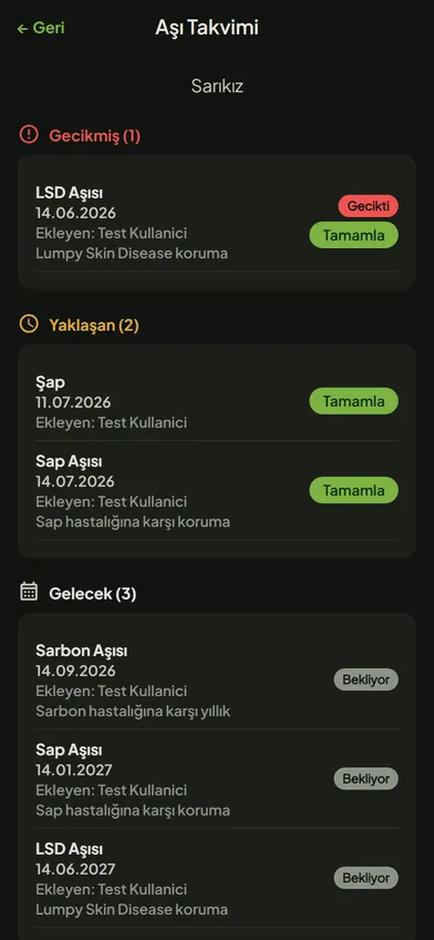 SürüSense aşı takvimi ekranı: gecikmiş, yaklaşan ve gelecek aşılar (koyu tema)
