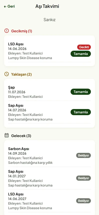 SürüSense aşı takvimi ekranı: gecikmiş, yaklaşan ve gelecek aşılar