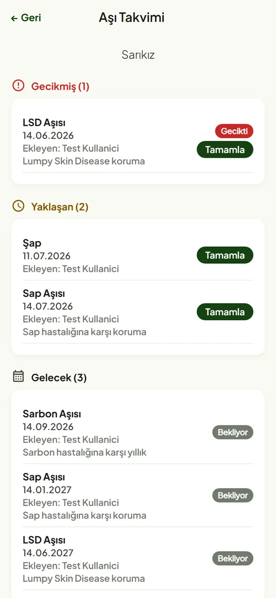 SürüSense aşı takvimi ekranı: gecikmiş, yaklaşan ve gelecek aşılar