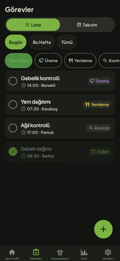 SürüSense görevler ekranı: günün iş listesi ve görev tipleri (koyu tema)