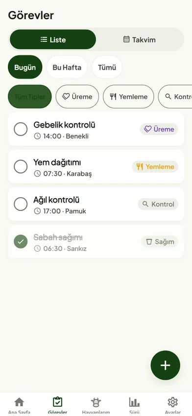 SürüSense görevler ekranı: günün iş listesi ve görev tipleri