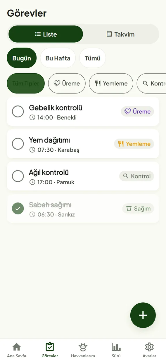 SürüSense görevler ekranı: günün iş listesi ve görev tipleri