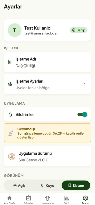 SürüSense çevrimdışı modu: internet yokken kayıtlı veriler gösterilir, bağlantı gelince eşitlenir
