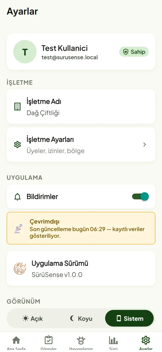 SürüSense çevrimdışı modu: internet yokken kayıtlı veriler gösterilir, bağlantı gelince eşitlenir