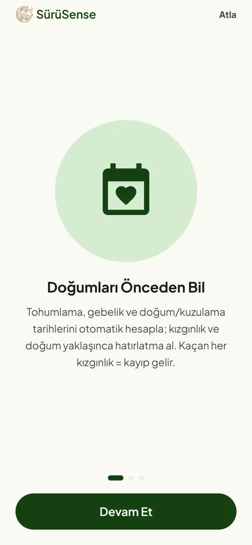 SürüSense uygulamasında doğum takibi tanıtım ekranı: tohumlama ve doğum tarihleri otomatik hesaplanır